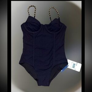 AQUAMANILE Bird of Paradise 1 Pc Swimsuit Shoulder Straps W/Gold Chain SzM $198